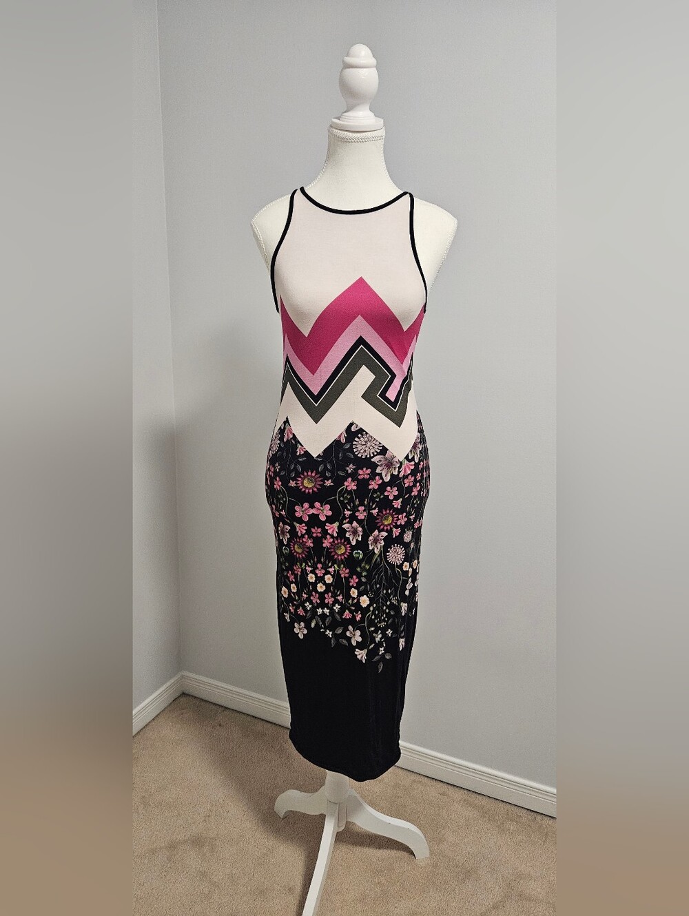 Ted Baker Sleeveless Pink Chevron & Floral Midi Dress